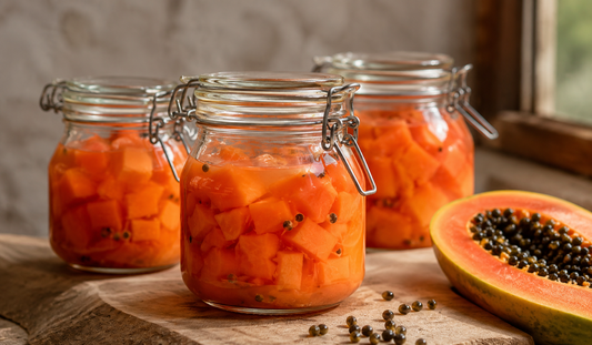 Raw fermented papaya in glass jars with fresh cut papaya - AYA Natural Skin hero ingredient