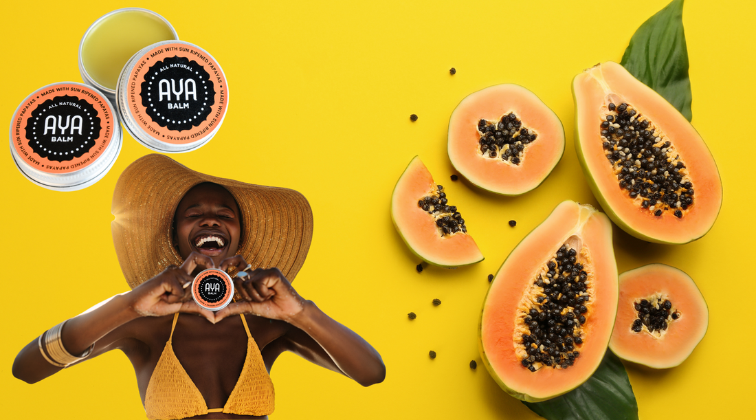 woman in yellow bikini, againse yellow background, showing papays and AYA Balm, our hard-working, multi-tasking balm that does it all. 