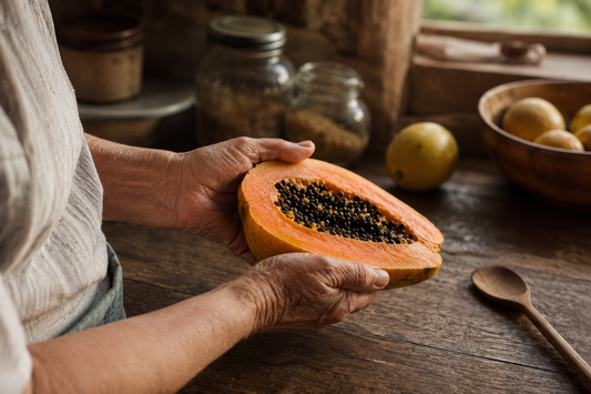 Older woman's hands holding a halved papaya in a warm kitchen - natural home remedies and heritage skincare wisdom