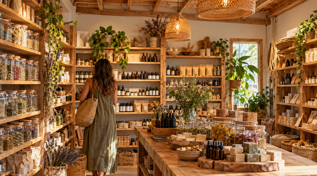 Inside Health and Living, an independent health shop in South Africa, with a warm wooden ceiling, hanging bulbs and shelves of natural products