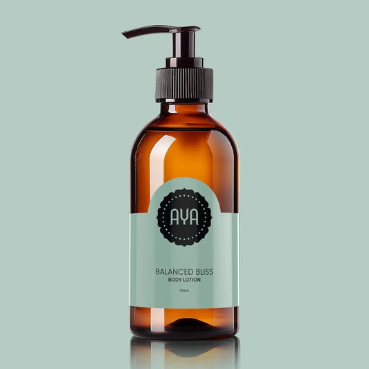 AYA Balanced Bliss natural body lotion 200ml in amber glass pump bottle