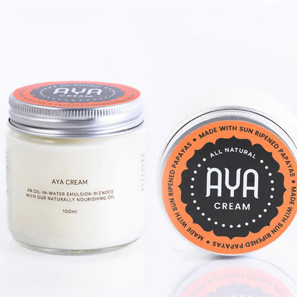 AYA Cream 100ml glass jar with lid showing all natural sun ripened papaya ingredients